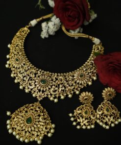 Traditional Gold Plated American Diamond Emerald Ranj Haar with Earrings.