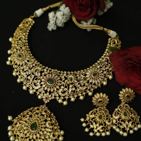 Traditional Gold Plated American Diamond Emerald Ranj Haar with Earrings.