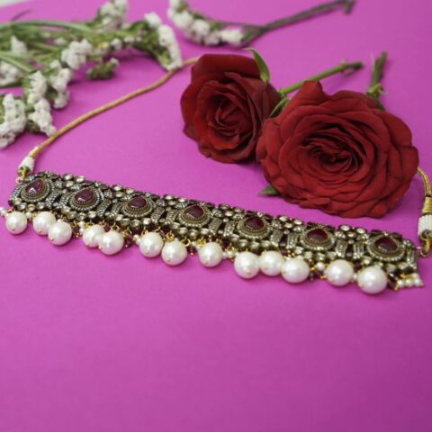 Antique Victorian Polki Ruby Pearl Choker Set With Ruby Pearl Earrings