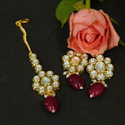 Classic Gold Plated Ruby Kundan Necklace Set With Earrings and Mangtikka