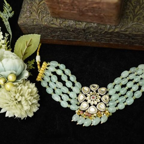 Traditional Mint Beads Gold Plated Polki Choker Set With Earrings