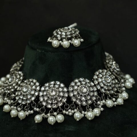 Indo western Silver Necklace Set With Earrings-Mangtikka