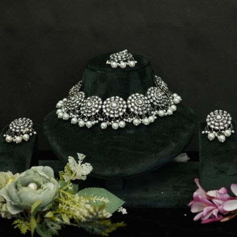 Indo western Silver Necklace Set With Earrings-Mangtikka