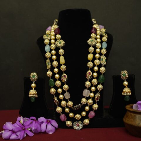 Indo western Multi Beads Kundan Layered Long Necklace Set With Earrings