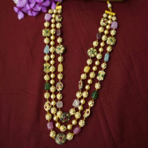 Indo western Multi Beads Kundan Layered Long Necklace Set With Earrings